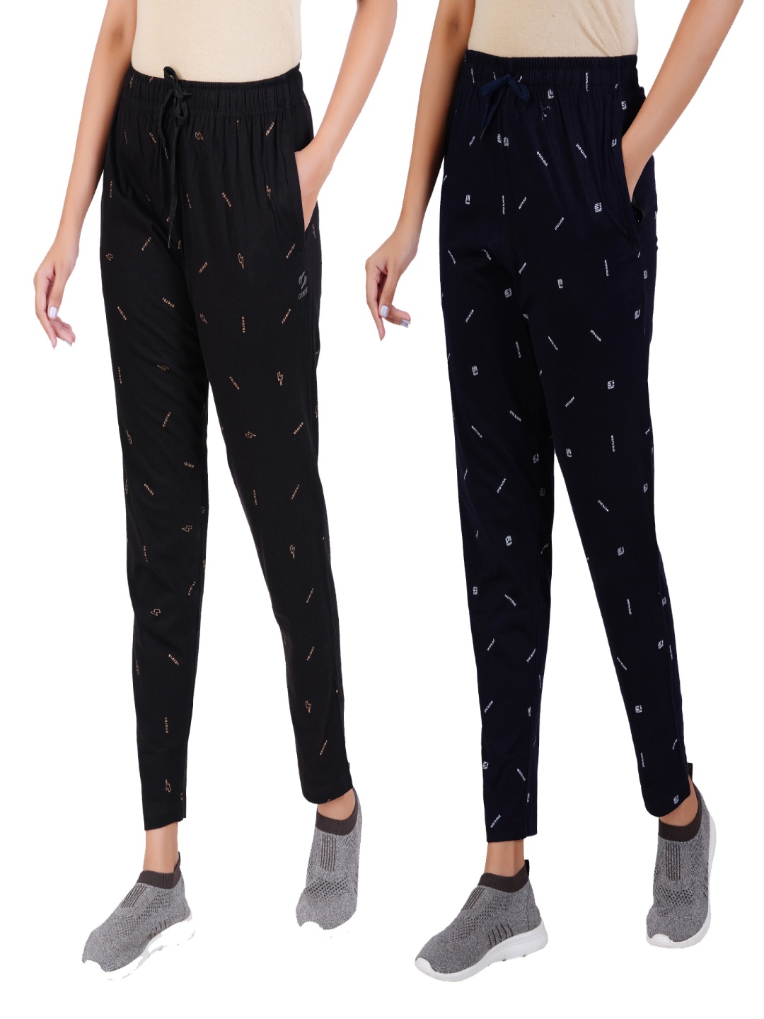 

GUIDE Women Pack Of 2 Printed Cotton Track Pants, Black