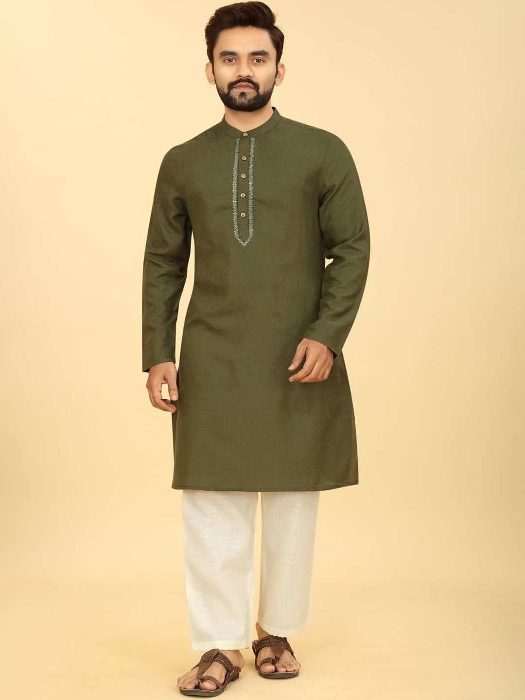 

Odd By Poshaak Mandarin Collar Pure Cotton Straight Kurta, Olive
