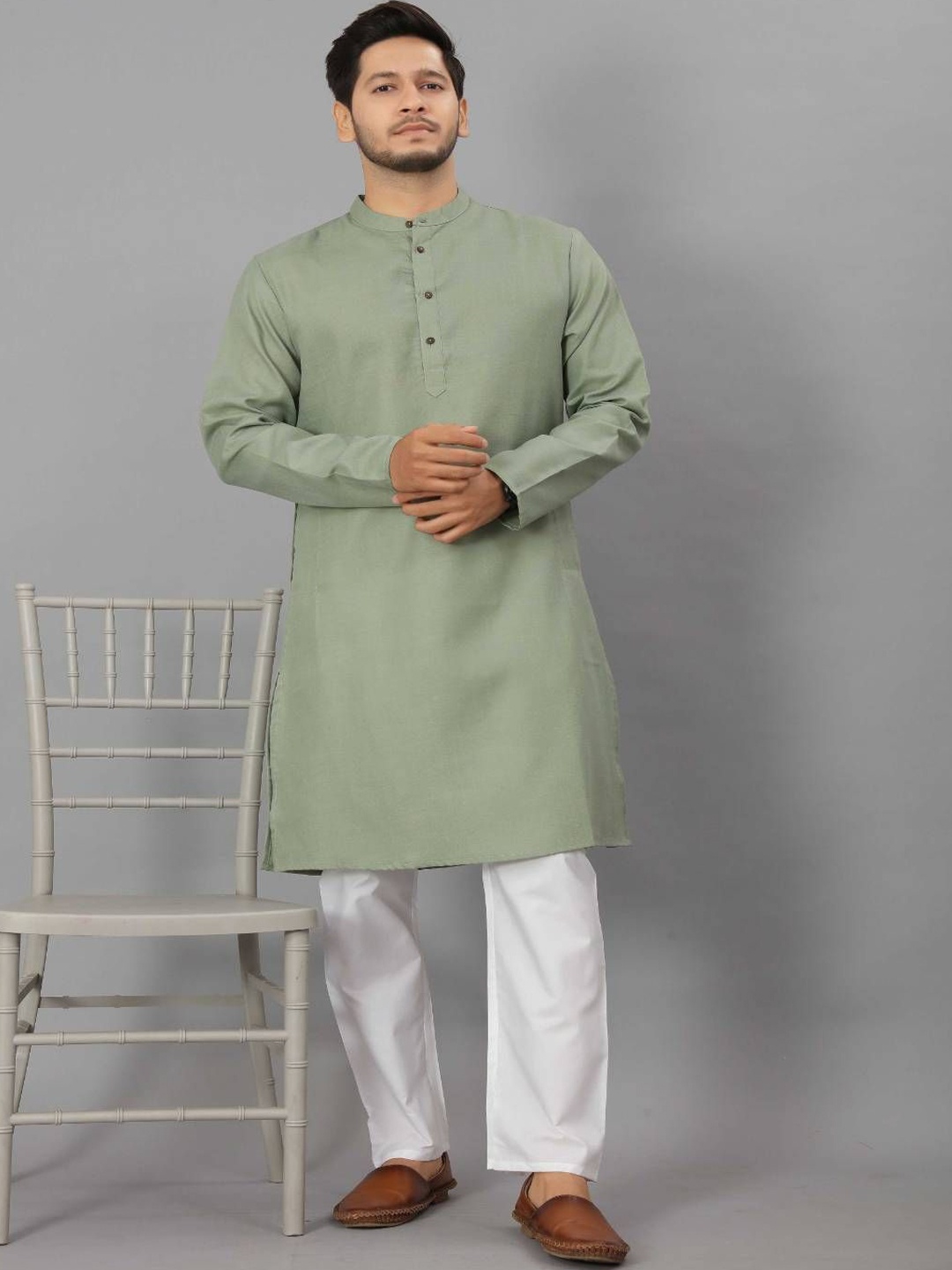

Odd By Poshaak Mandarin Collar Pure Cotton Straight Kurta, Green