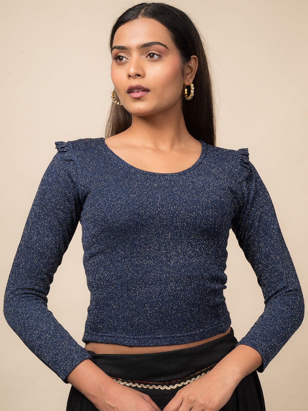 

Bindigasm's Advi Women Long Sleeve Stretchable Slip On Blouse, Navy blue