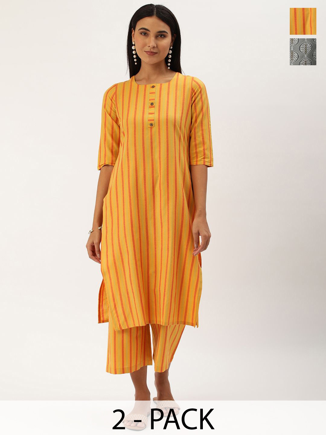 

KALINI Selection Of 2 Striped Round Neck Straight Kurtas With Trousers, Yellow