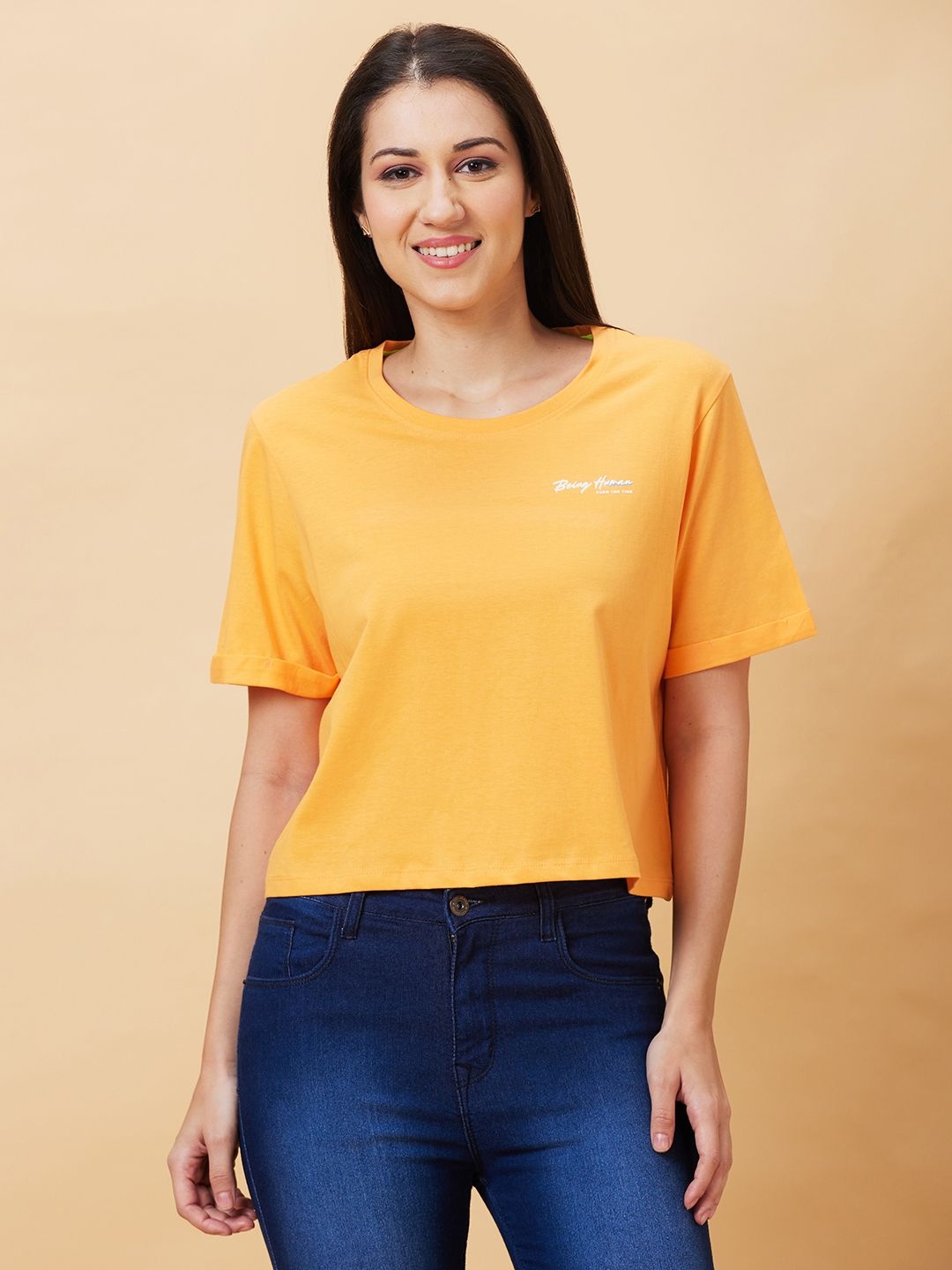 

Being Human Women Solid Round Neck Cotton Boxy T-shirt, Orange