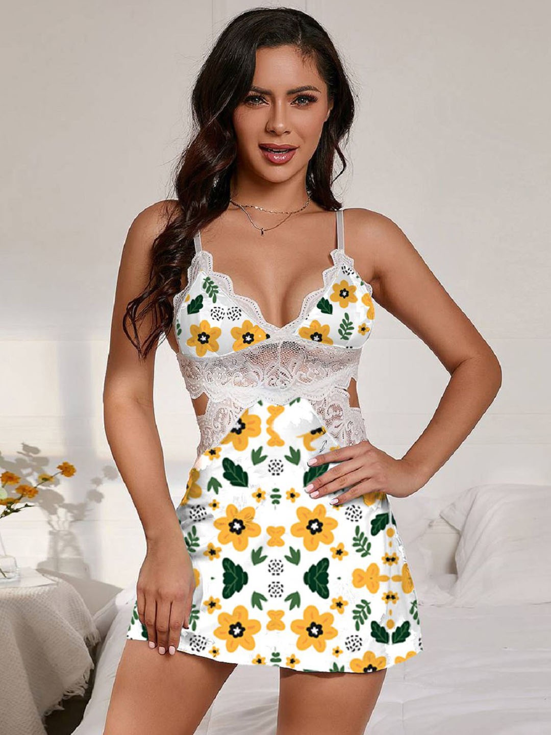 

Beera Women Satin Floral Printed Baby Doll, Yellow