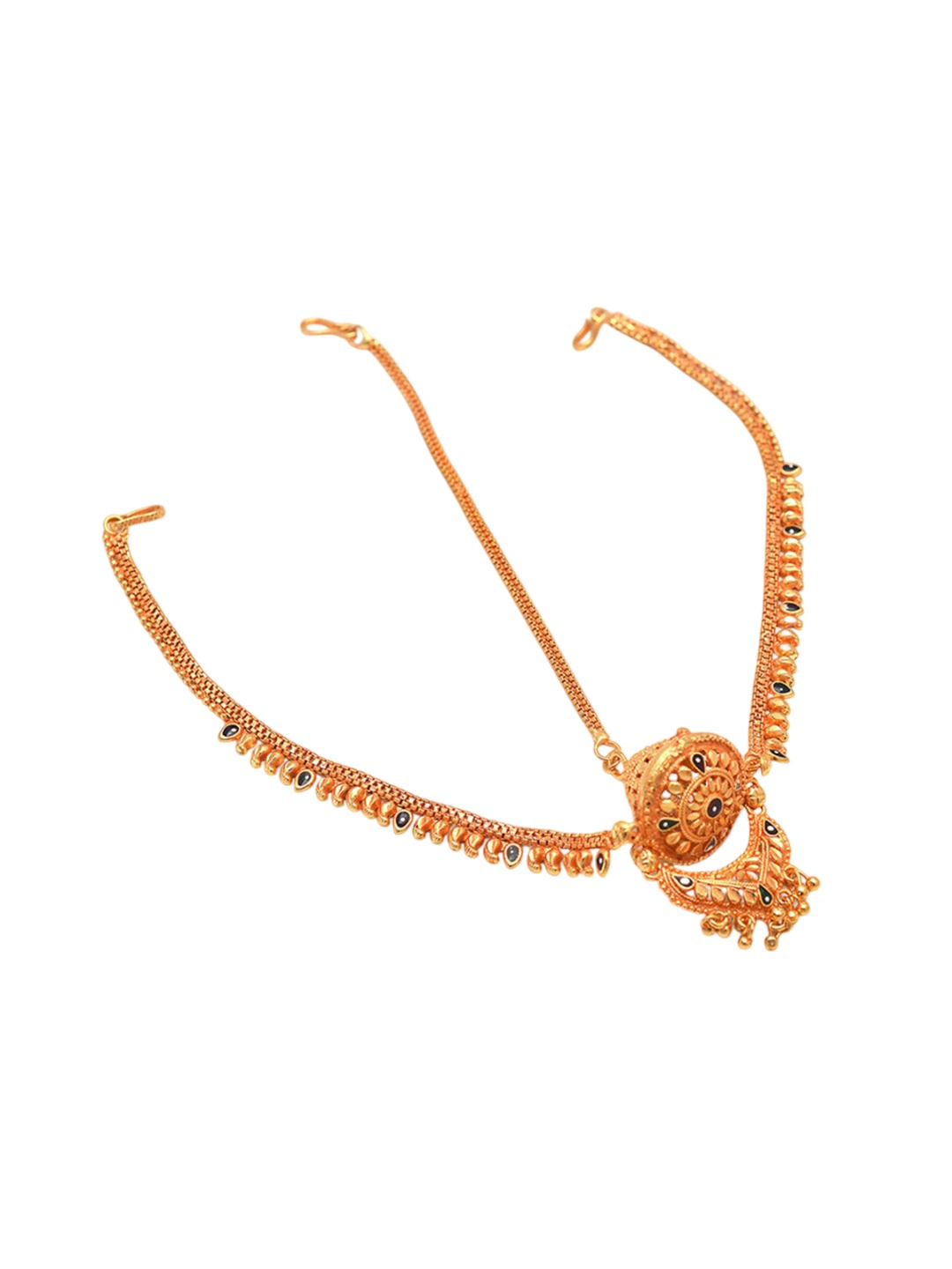

Jewar Mandi Gold-Plated Stone Studded & Beaded Matha Patti Head Jewellery