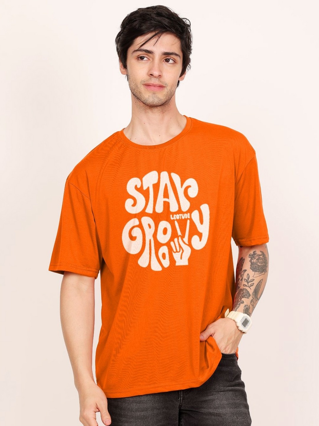 

Leotude Men Typography Printed Round Neck Cotton Oversized T-shirt, Orange