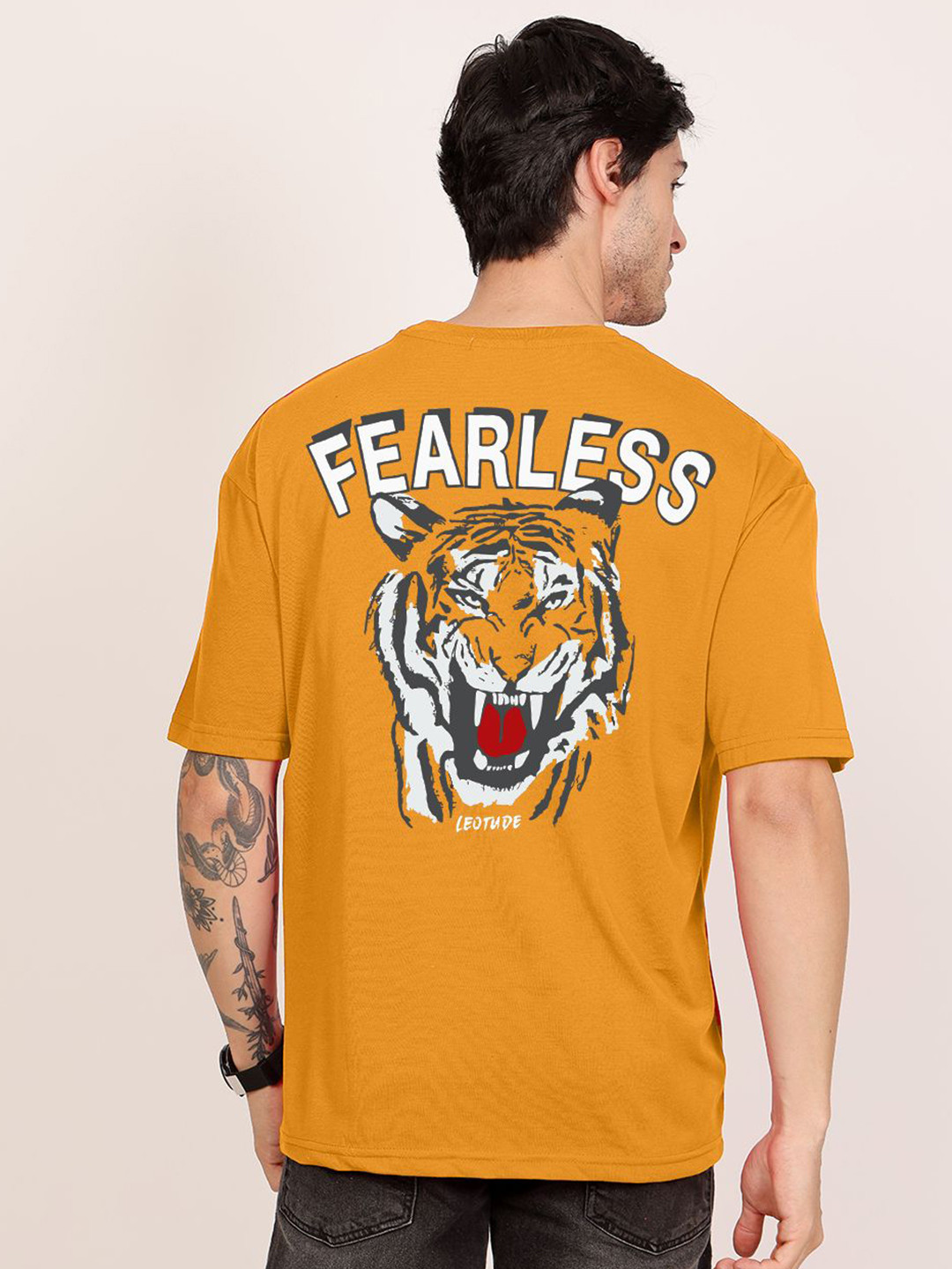 

Leotude Men Graphic Printed Round Neck Cotton Oversized T-shirt, Mustard
