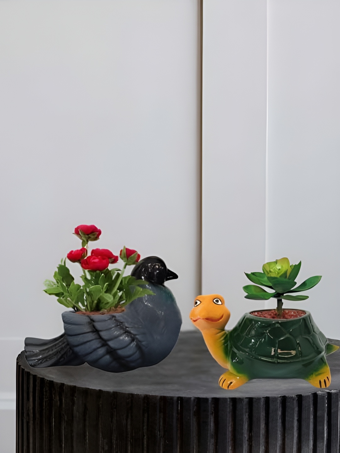 

Garden Deco Green & Black 2 Pieces Printed Tortoise & Pigeon Ceramic Planters