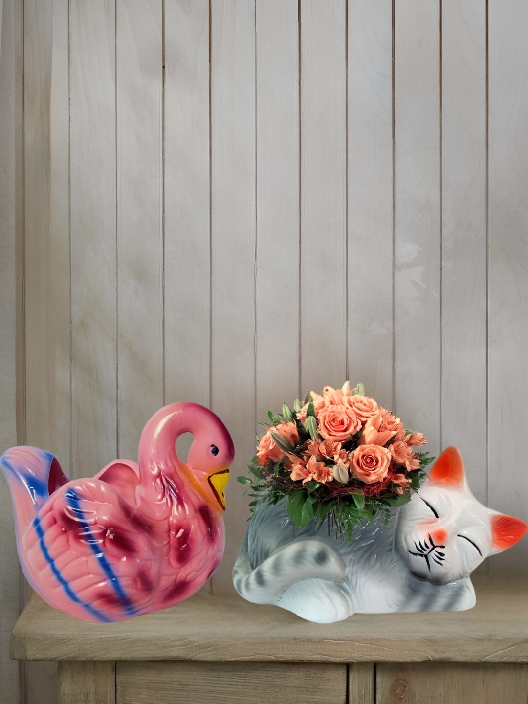 

Garden Deco Pink & White 2 Pieces Printed Cat & Swan Ceramic Planters