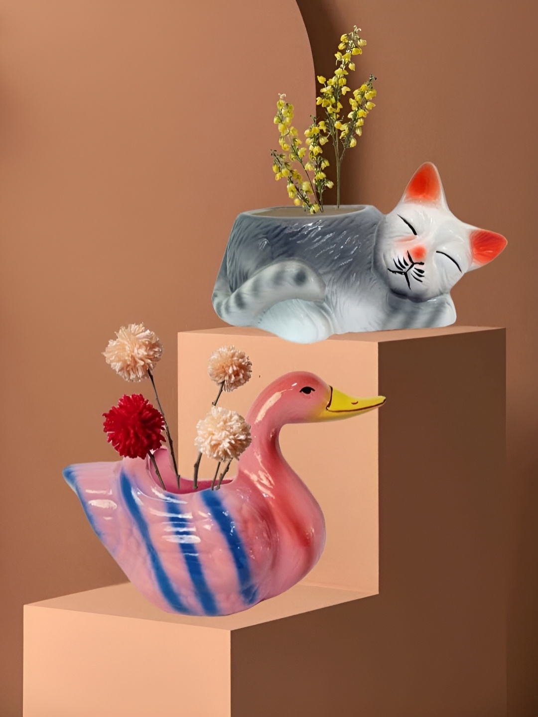 

GARDEN DECO Blue and Pink 2 Pieces Cat & Duck Ceramic Planters