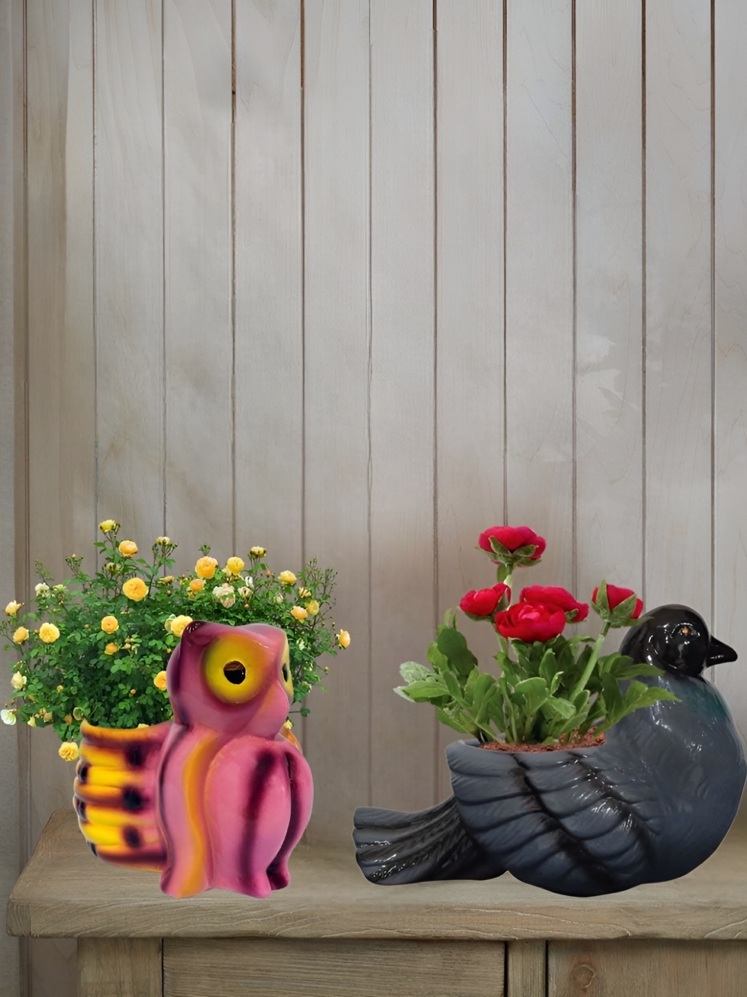 

Garden Deco Grey & Brown 2 Pieces Cute Pigeon & Owl Ceramic Planter Pots