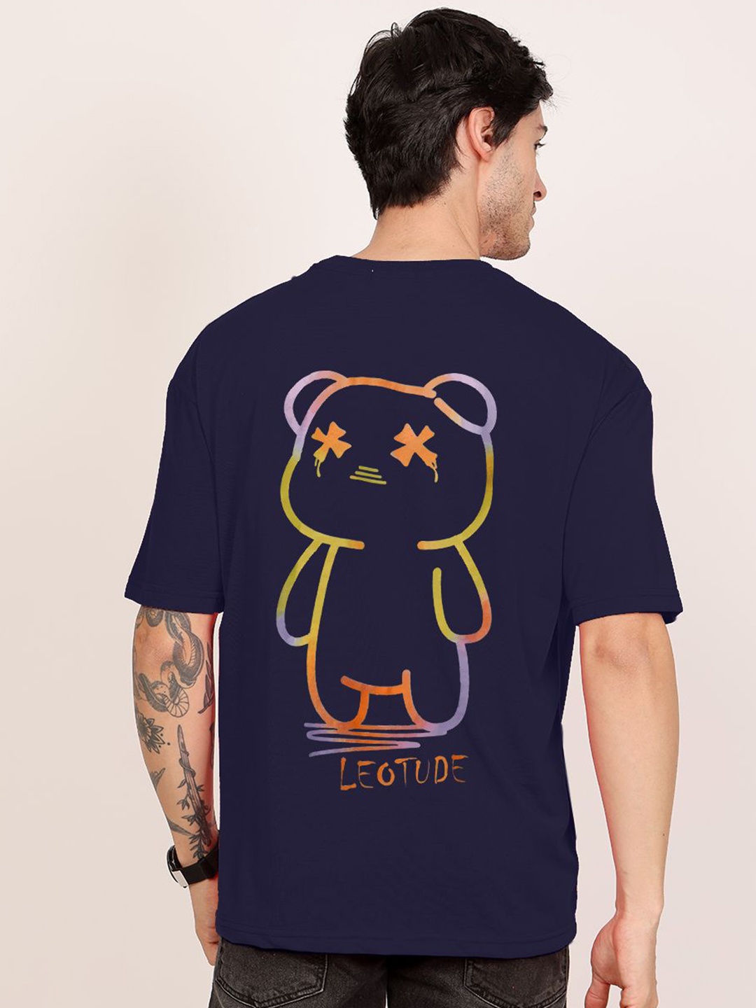 

Leotude Men Graphic Printed Round Neck Cotton Oversized T-shirt, Navy blue