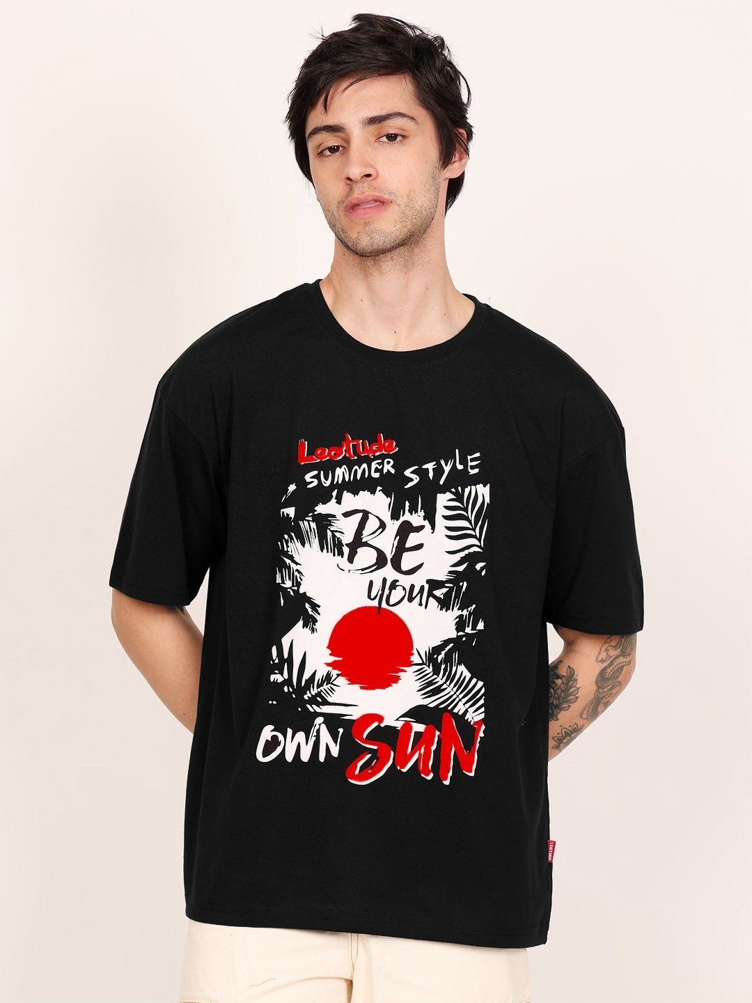 

Leotude Men Graphic Printed Round Neck Cotton Oversized T-shirt, Black