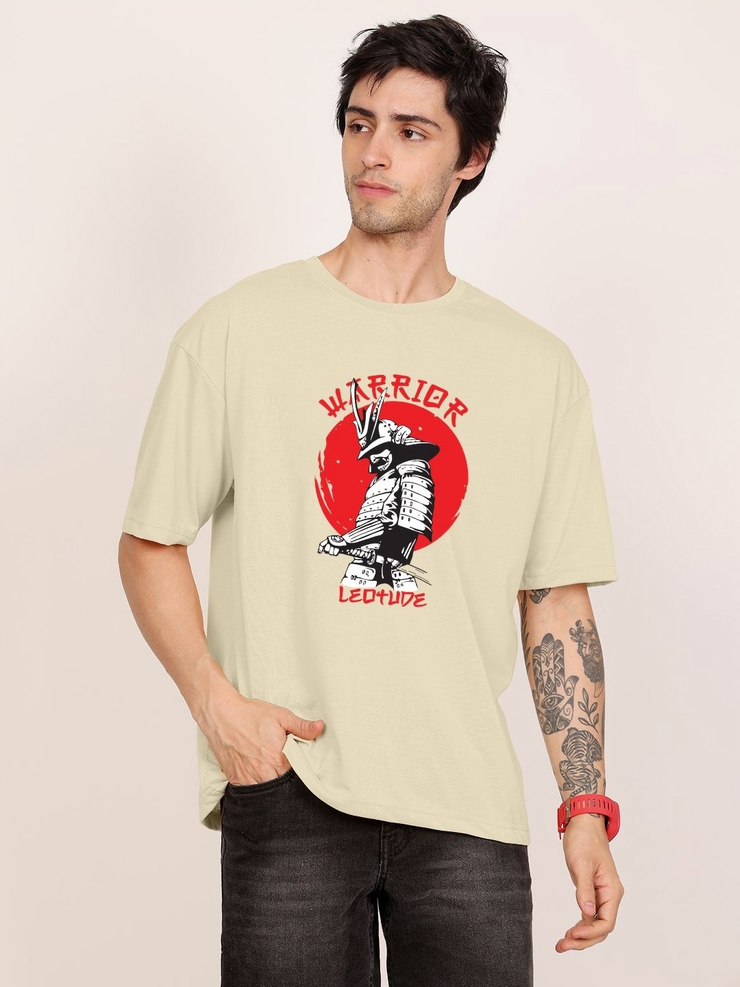 

Leotude Men Graphic Printed Round Neck Cotton Oversized T-shirt, Beige
