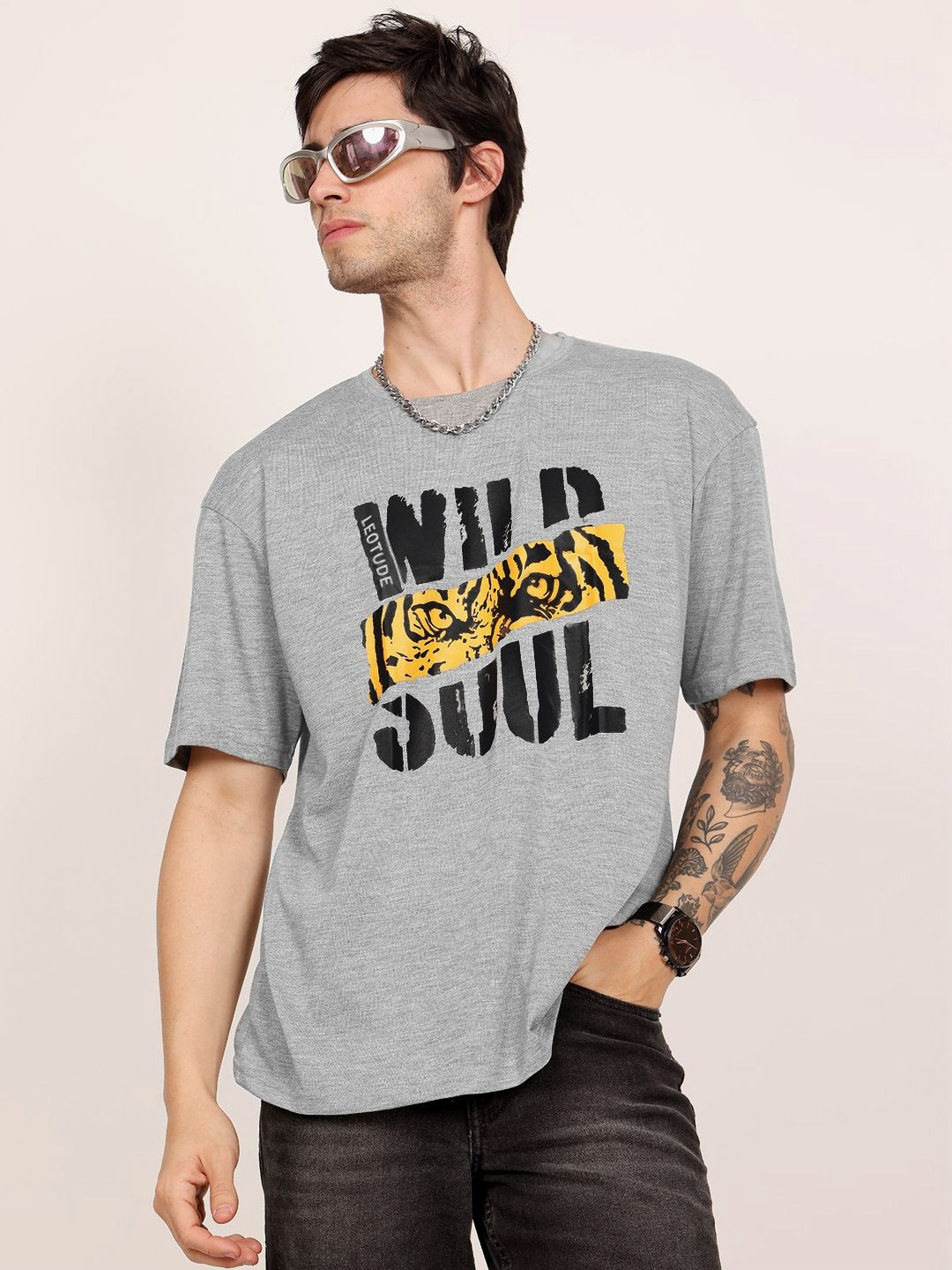 

Leotude Men Typography Printed Round Neck Cotton Oversized T-shirt, Grey