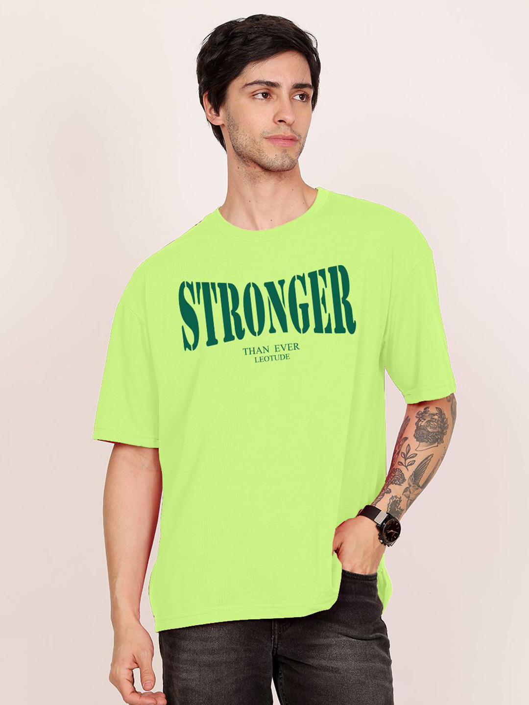 

Leotude Men Typography Printed Round Neck Cotton Oversized T-shirt, Green