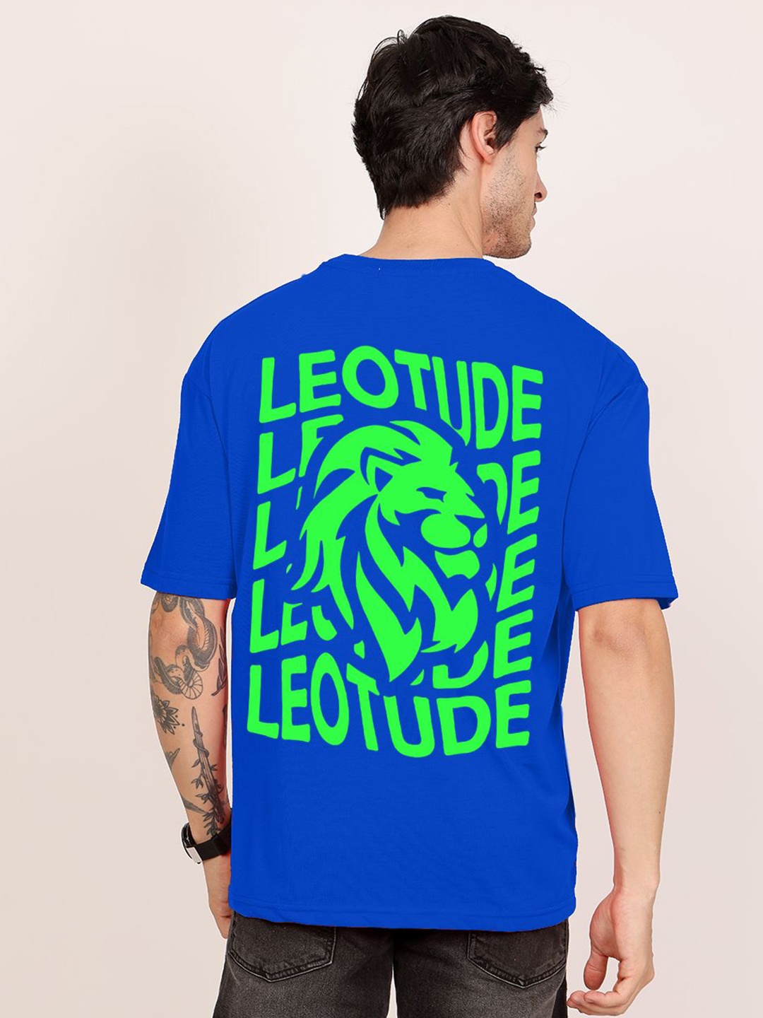 

Leotude Men Typography Printed Round Neck Cotton Oversized T-shirt, Blue