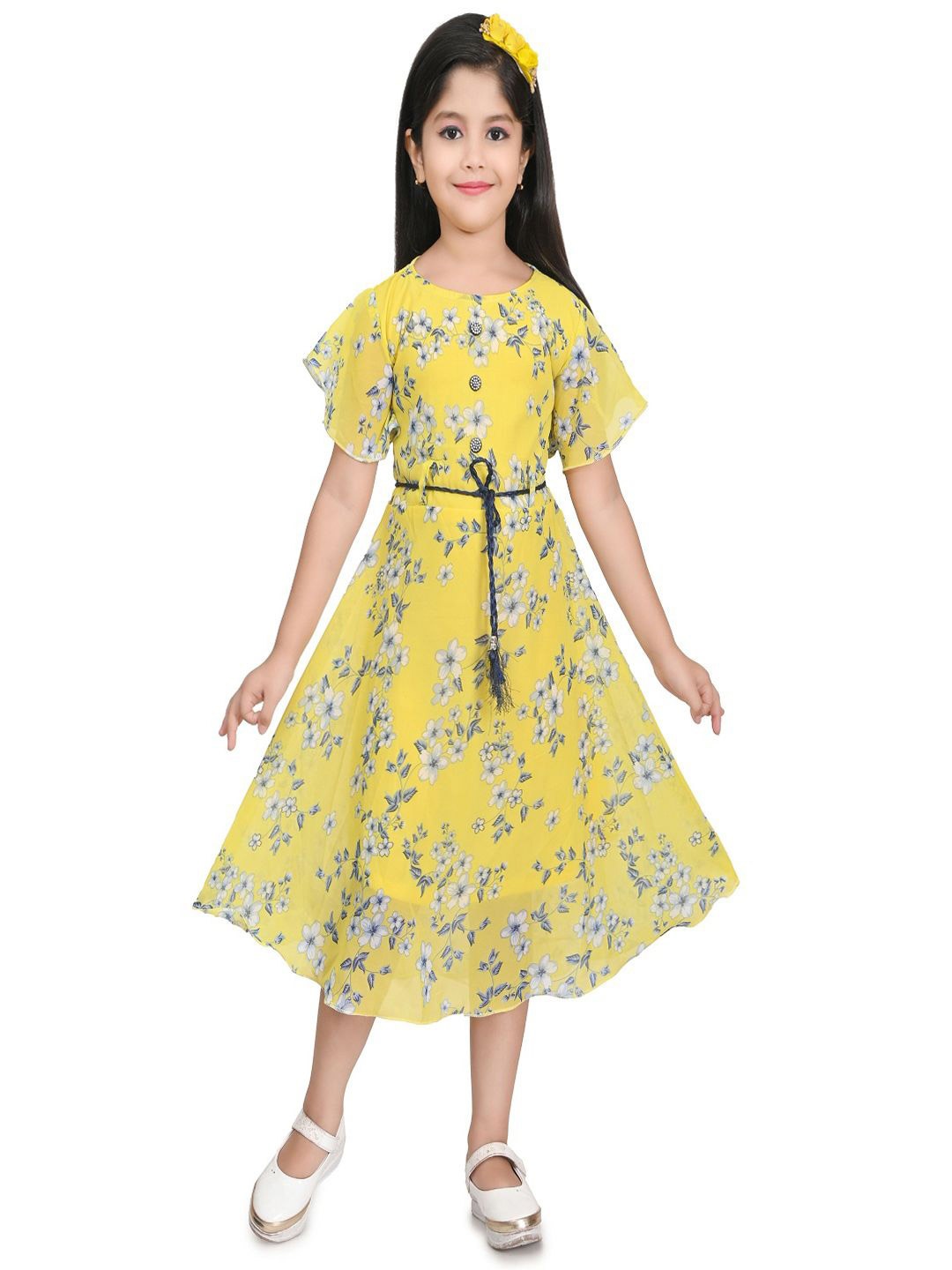 

NEGUP Girls Floral Printed Flared Sleeve A-Line Dress, Yellow