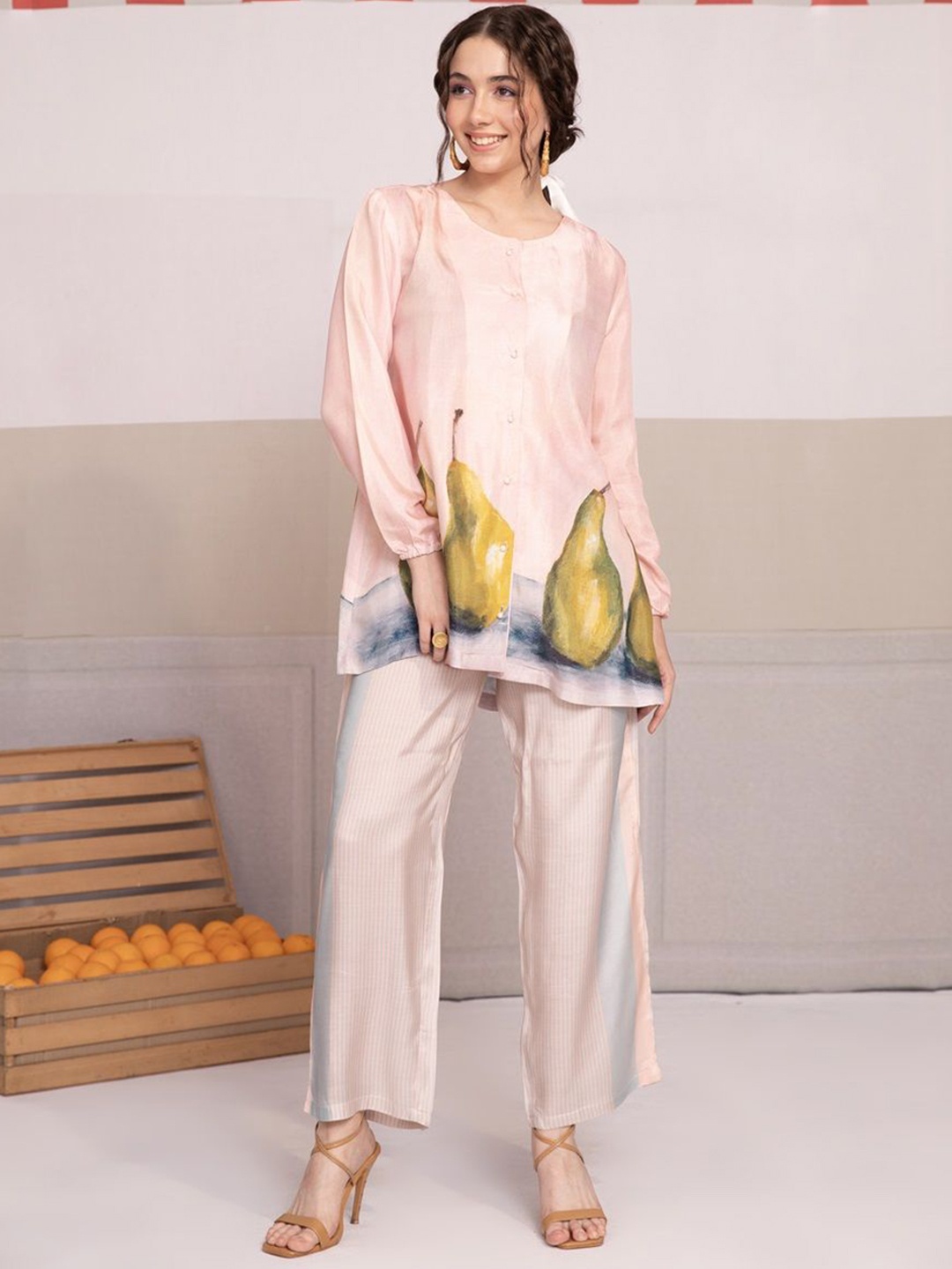 

Bannos Swagger Pink Printed Round Neck Tunic With Trousers