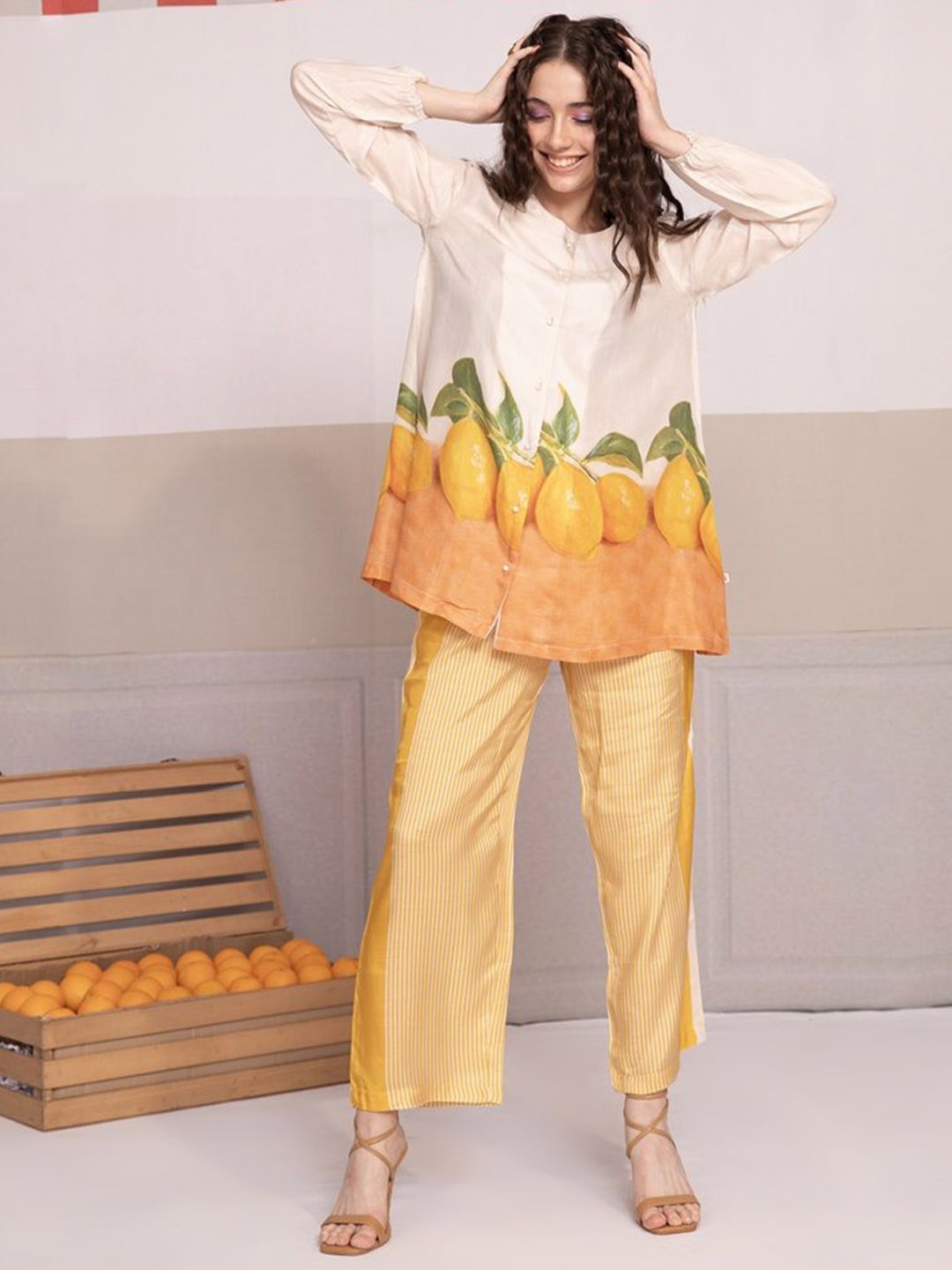 

Bannos Swagger Beige Fruit Printed Tunic With Trouser
