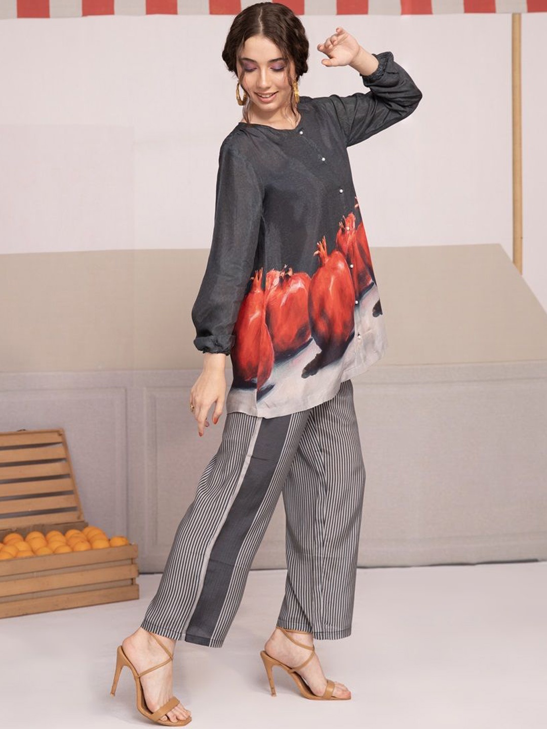 

Bannos Swagger Black Printed Round Neck Tunic With Trousers