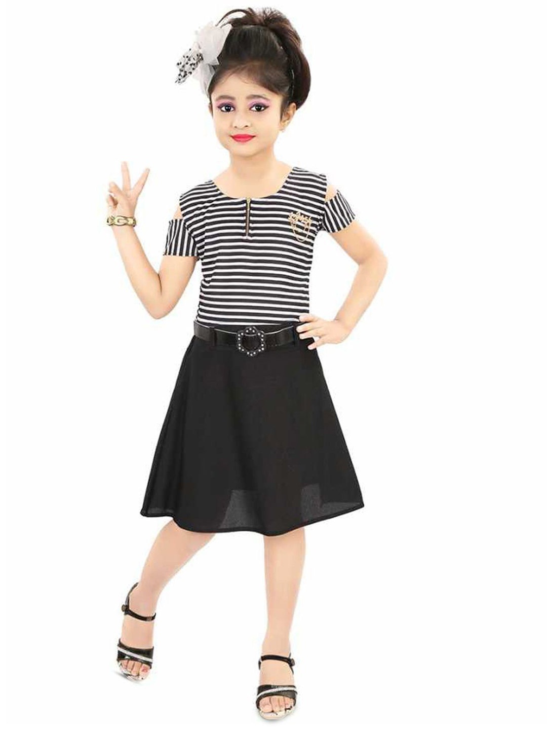 

MEHZIN Girls Striped Georgette A-Line Dress, Black
