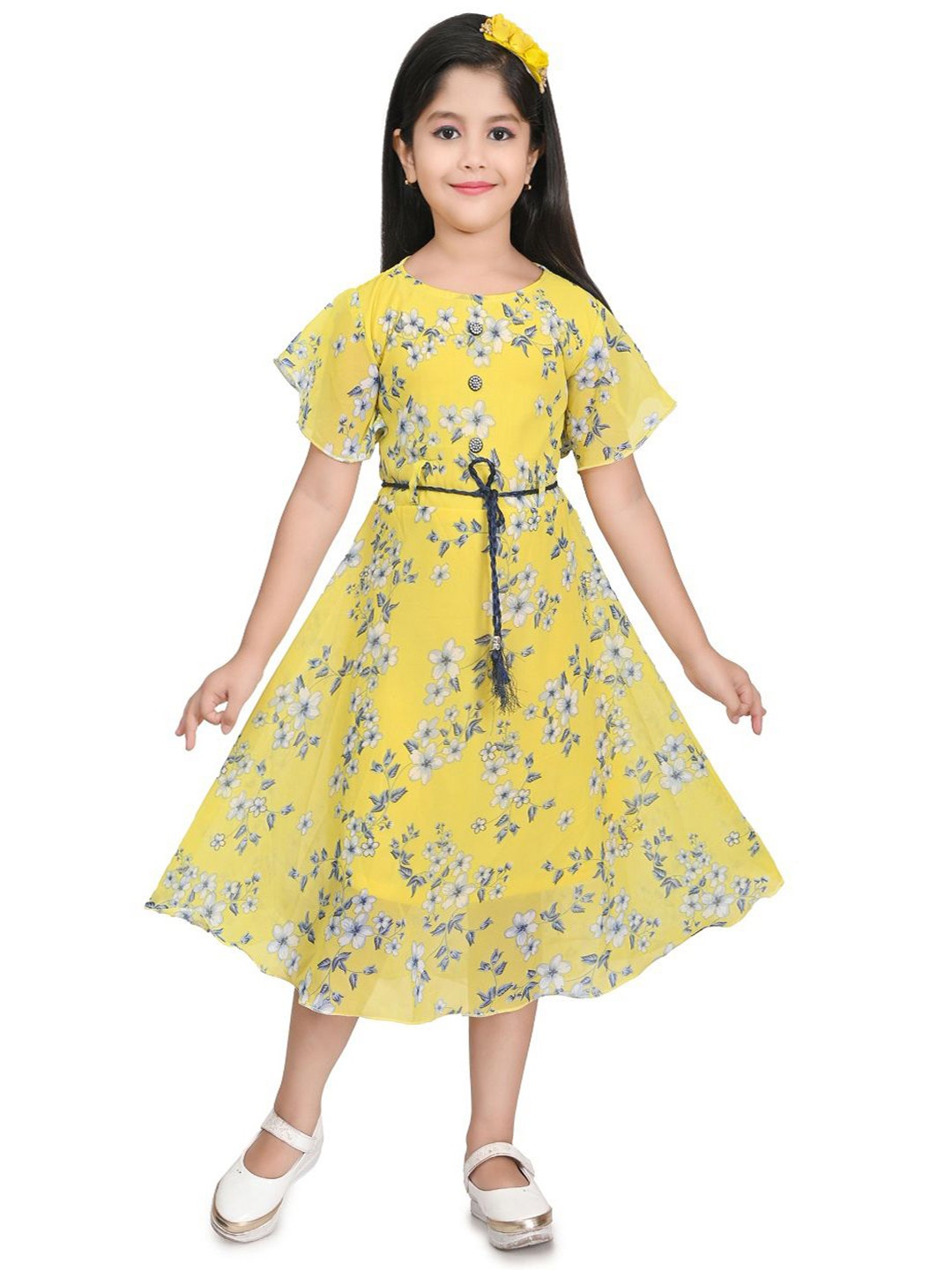 

MEHZIN Girls Floral Printed Fit and Flare Dress, Yellow