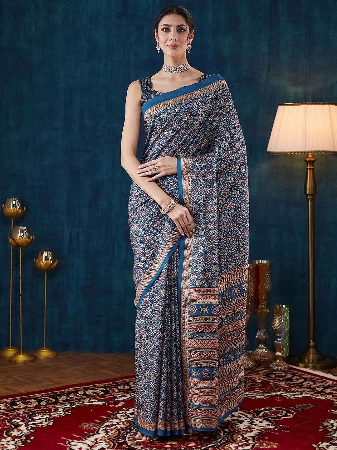 

Mitera Ajrak Printed Pure Crepe Saree, Blue