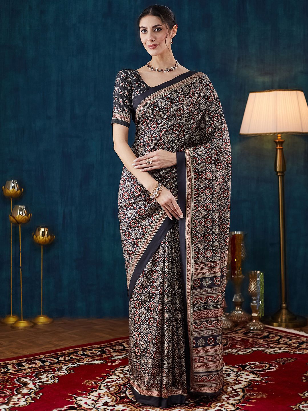 

Mitera Ajrak Printed Pure Crepe Saree, Black