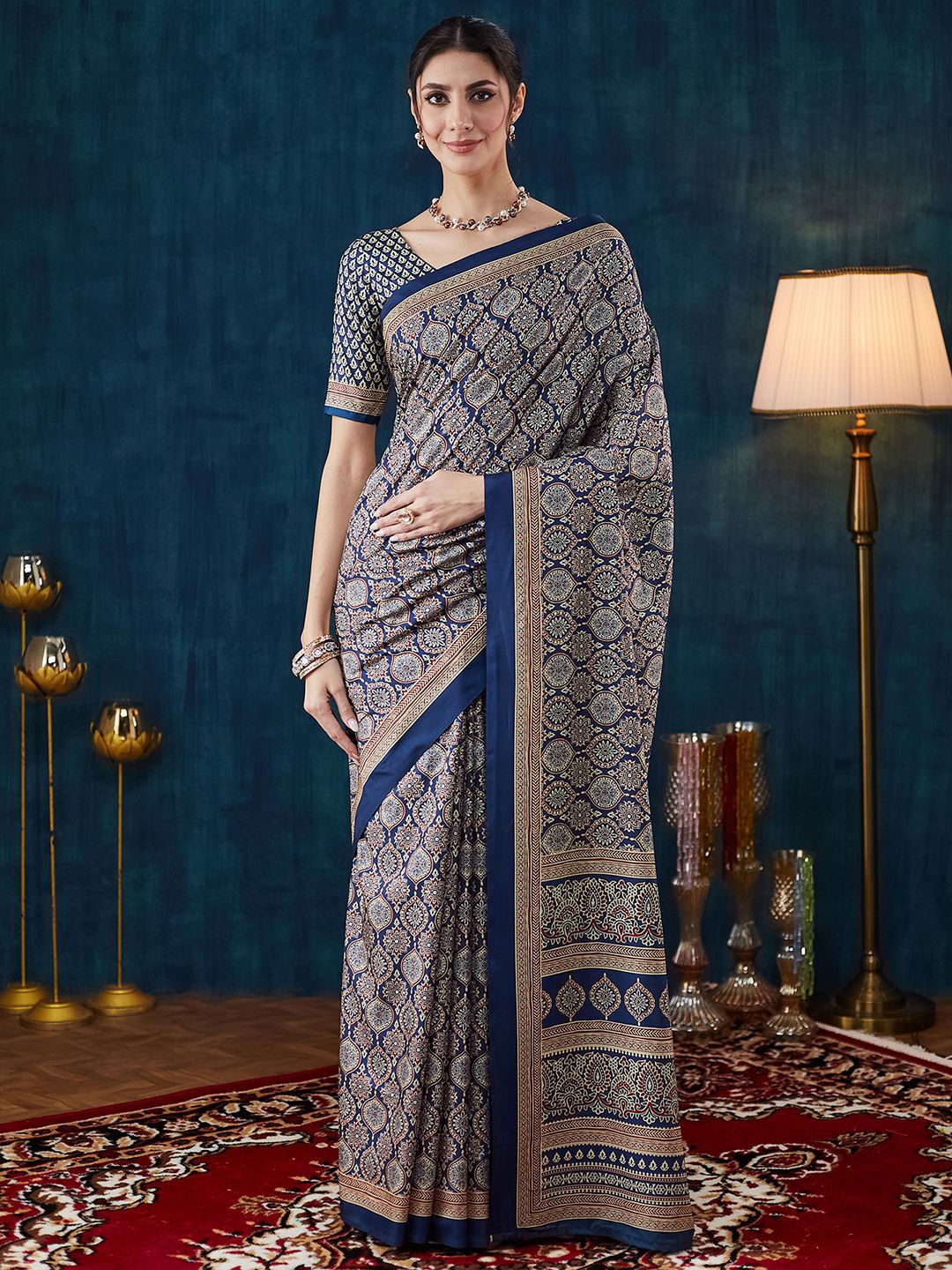 

Mitera Ajrak Printed Pure Crepe Saree, Blue