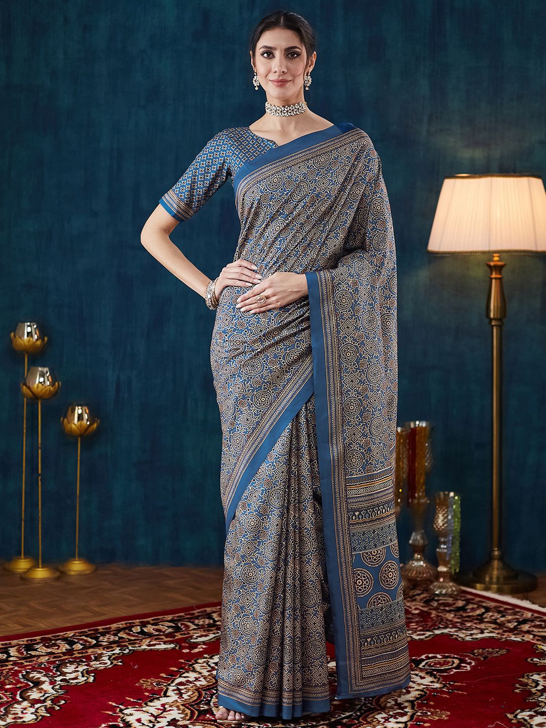 

Mitera Ajrak Printed Pure Crepe Saree, Blue