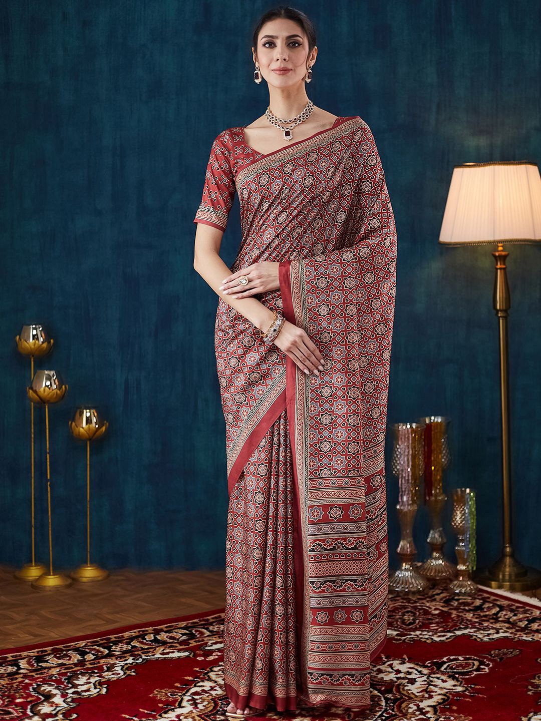 

Mitera Ajrak Printed Pure Crepe Saree, Maroon