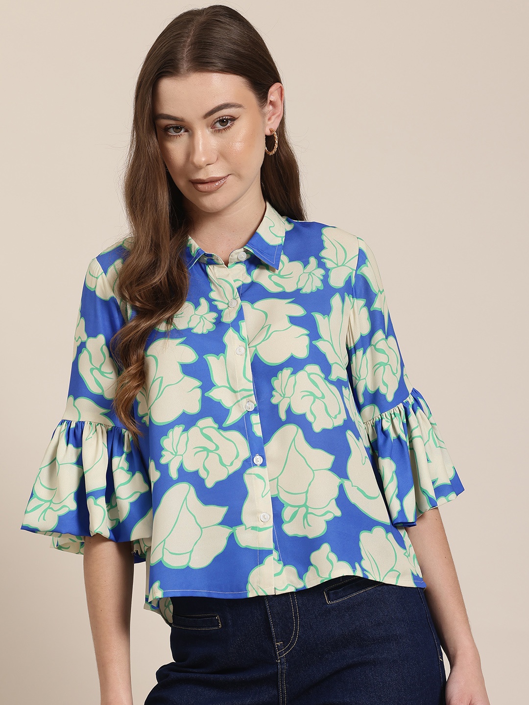 

HERE&NOW Floral Print Bell Sleeve Shirt Style Crop Top, Blue