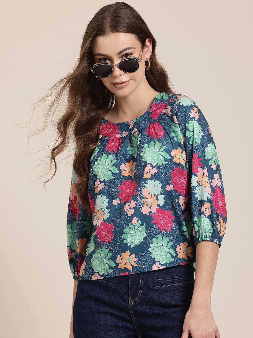 

HERE&NOW Floral Print Keyhole Neck Puff Sleeves Crop Top, Navy blue