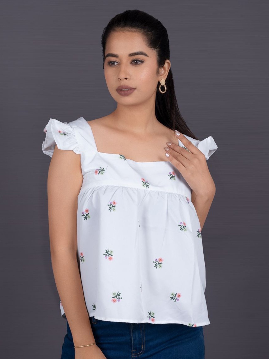

La Aimee Women Floral Printed Square Neck Flutter Sleeve Ruffles Top, White