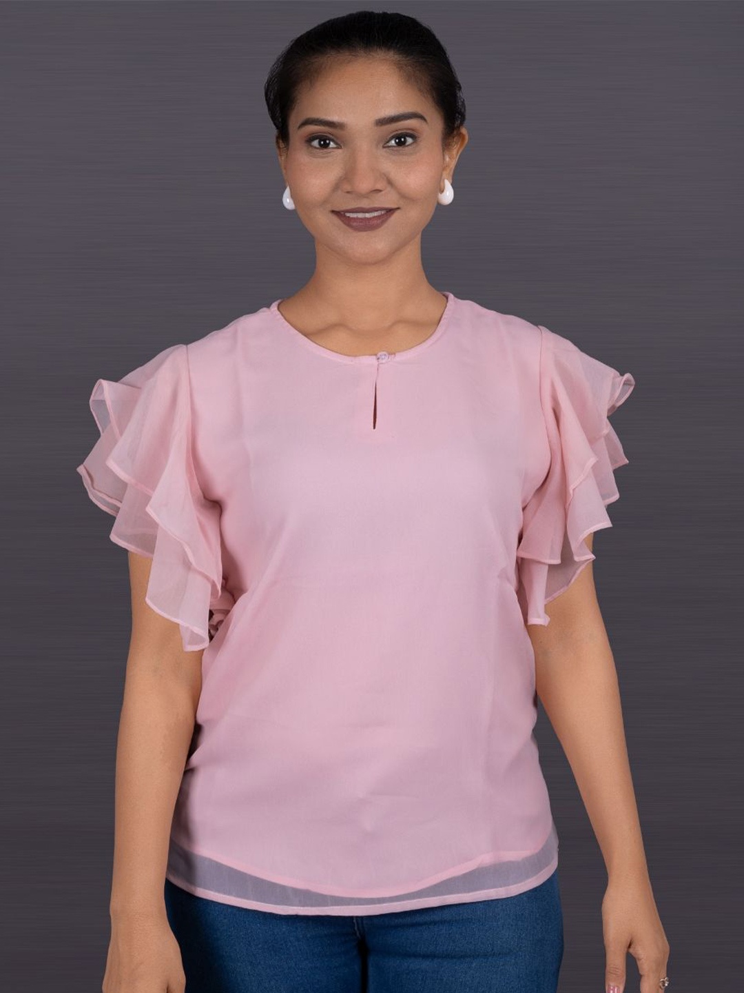 

La Aimee Women Round Neck Ruffled sleeves Top, Pink