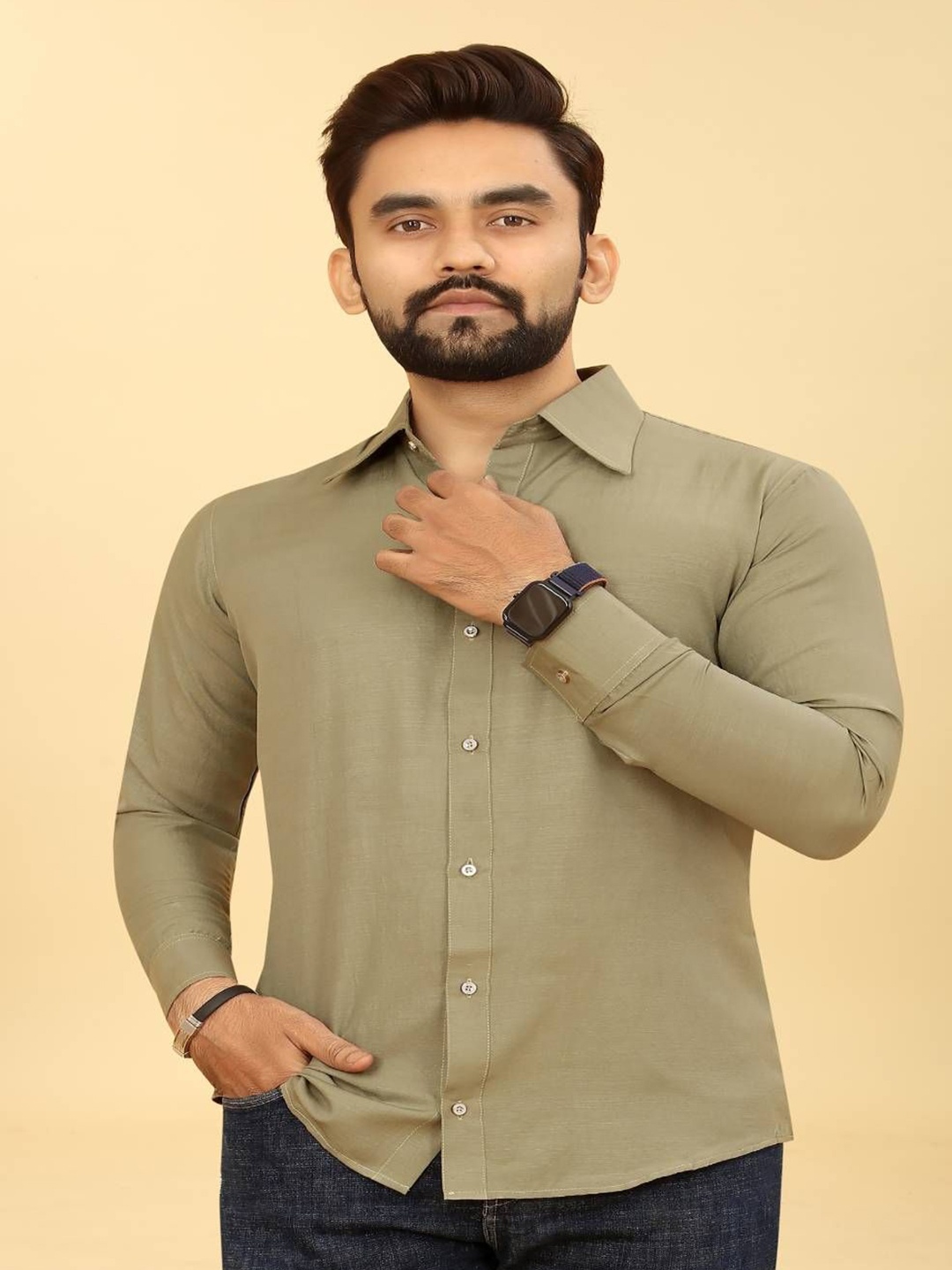 

Odd By Poshaak Men Classic Slim Fit Spread Collar Solid Cotton Casual Shirt, Khaki