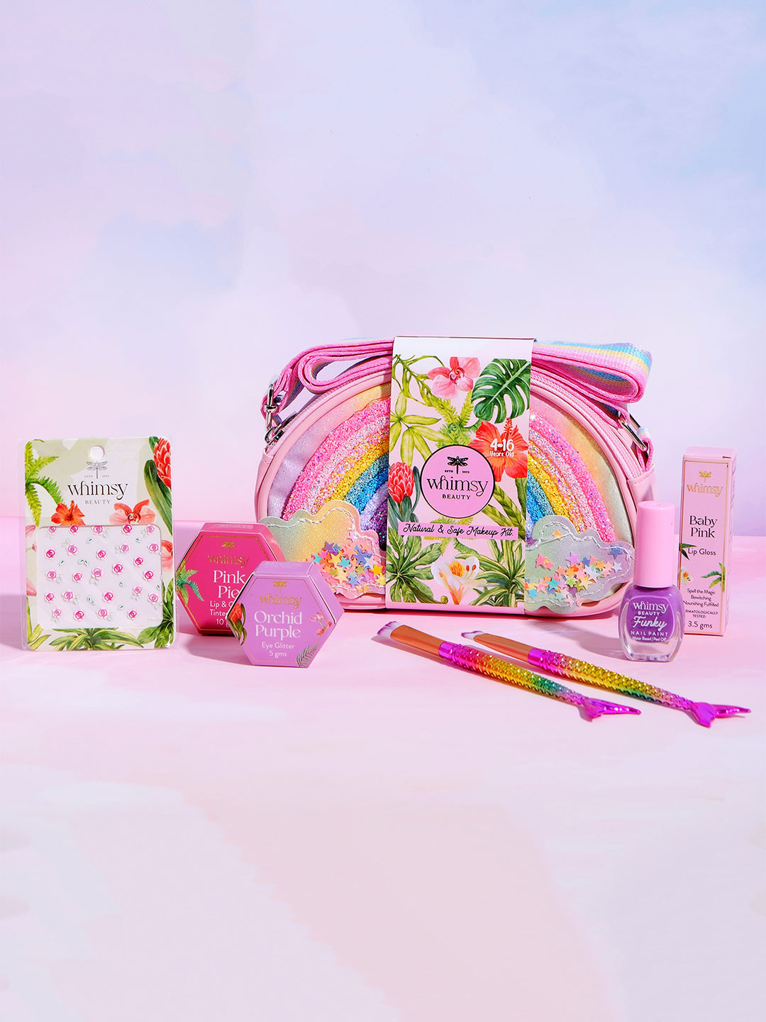 

Whimsy Beauty Set Of 7 Rainbow Sling Bag Beauty Kit for Preteen and Teen Girls, Pink