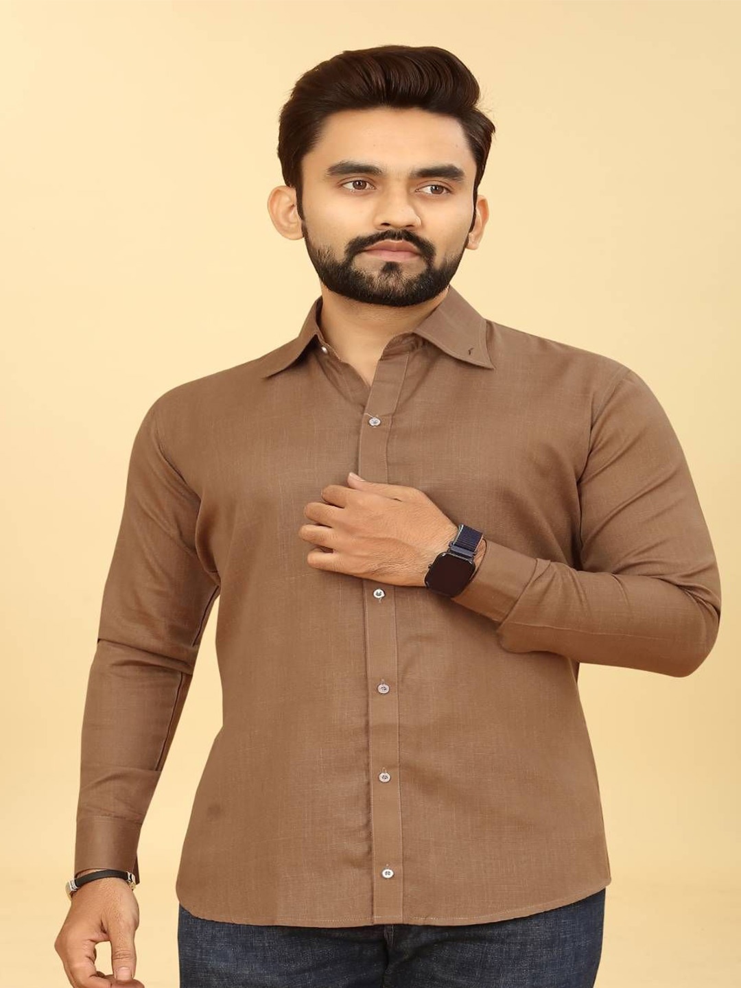 

Odd By Poshaak Men Classic Slim Fit Spread Collar Solid Cotton Casual Shirt, Brown