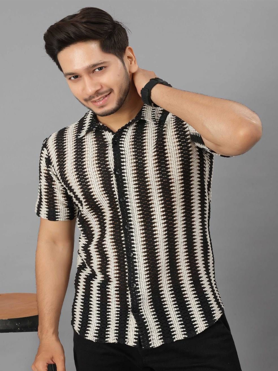 

Odd By Poshaak Men Spread Collar Vertical Striped Cotton Casual Shirt, Cream