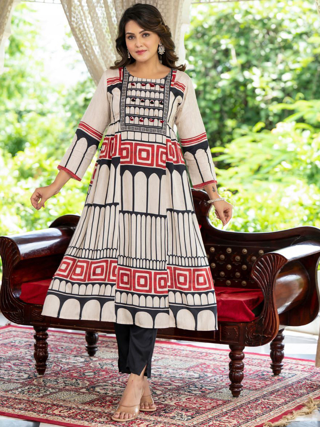 

Kaftanize Women Printed Regular Cotton Silk Kurta with Trousers, Beige