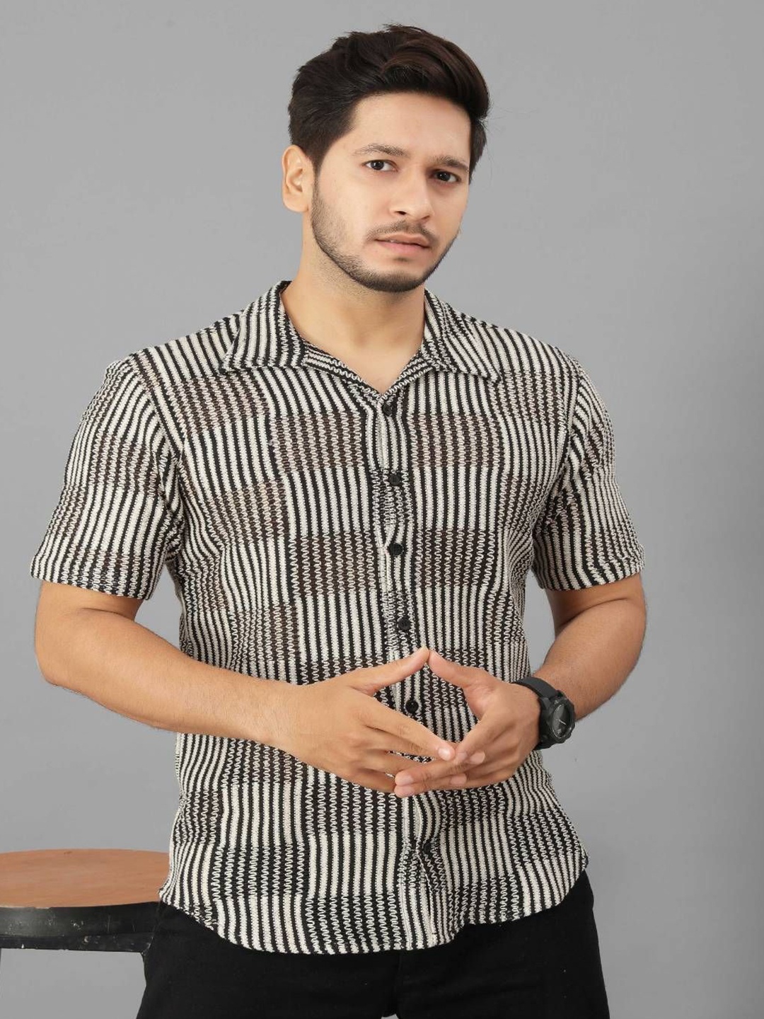 

Odd By Poshaak Men Spread Collar Vertical Striped Cotton Casual Shirt, Cream