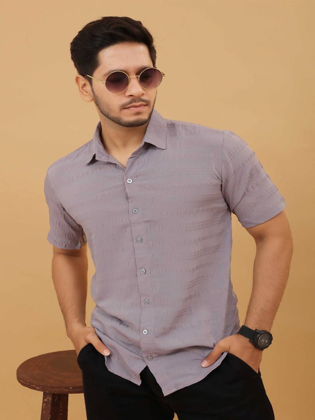 

Odd By Poshaak Men Classic Slim Fit Spread Collar Textured Casual Shirt, Grey
