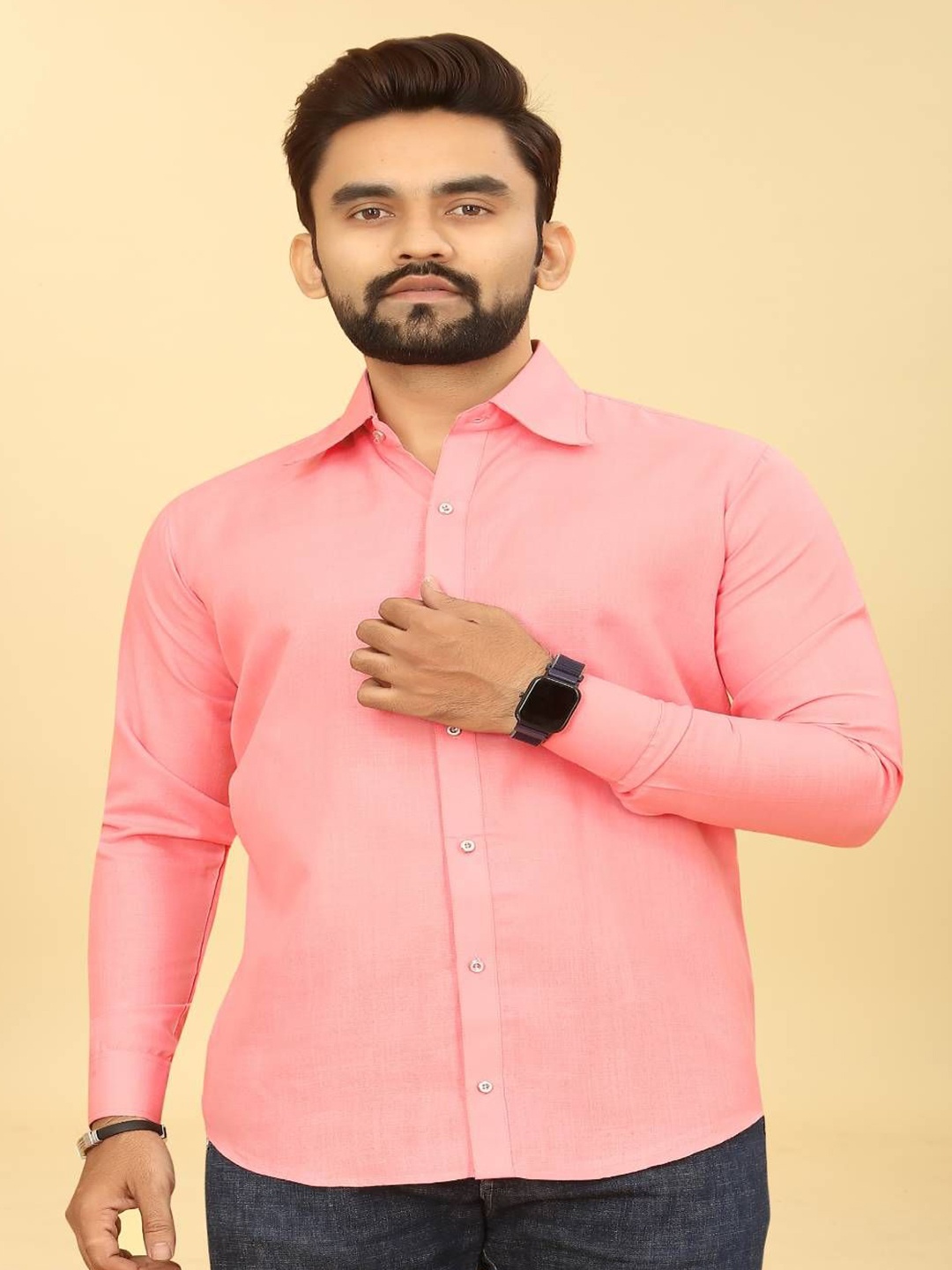 

Odd By Poshaak Men Classic Slim Fit Spread Collar Solid Cotton Casual Shirt, Peach