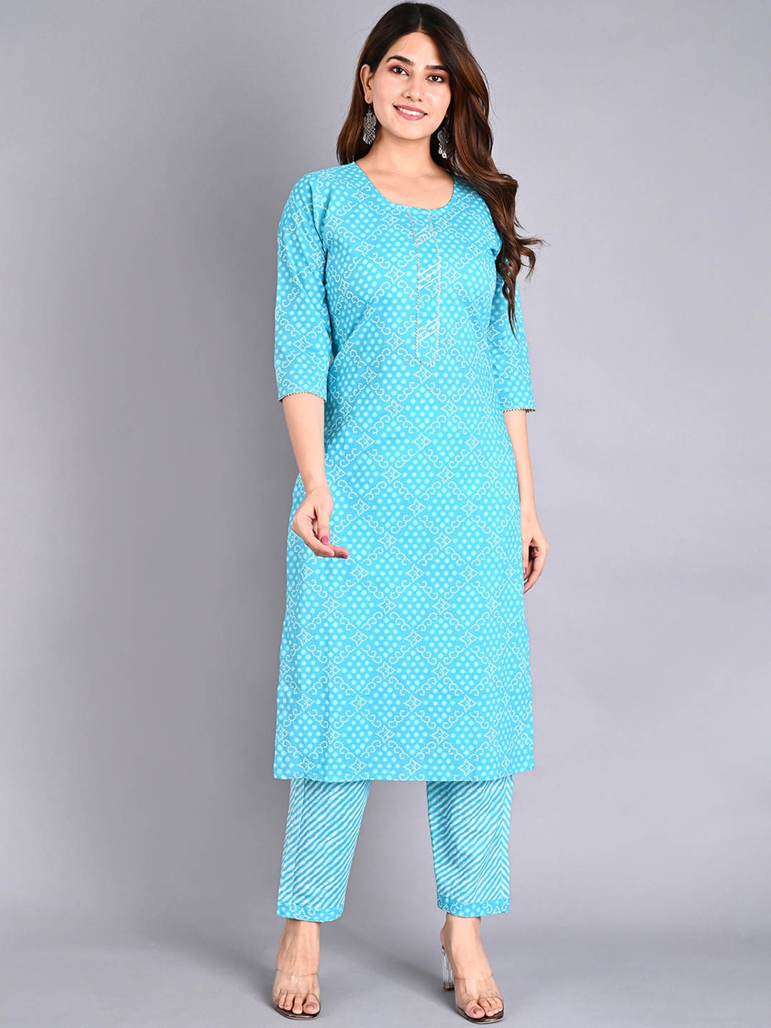 

Bunai Dhaga Bandhani Printed Pure Cotton Straight Kurta with Trousers, Blue