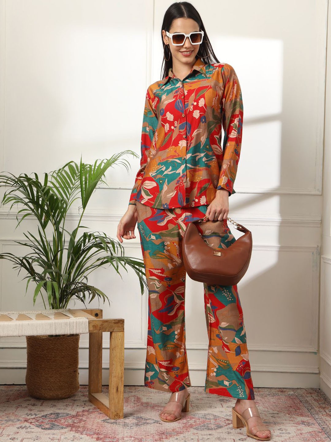 

G4Girl Floral Printed Shirt Collar Long Sleeves Shirt With Trousers, Red
