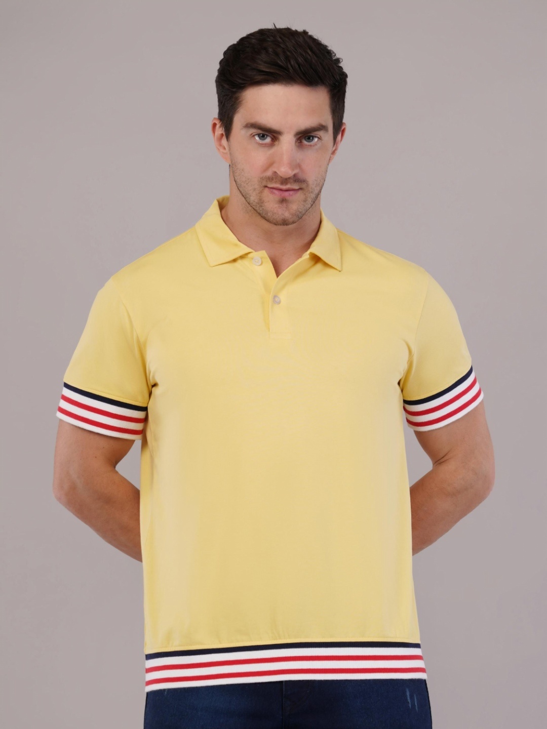 

Nimble Men Striped Polo Collar Cotton T-shirt, Yellow