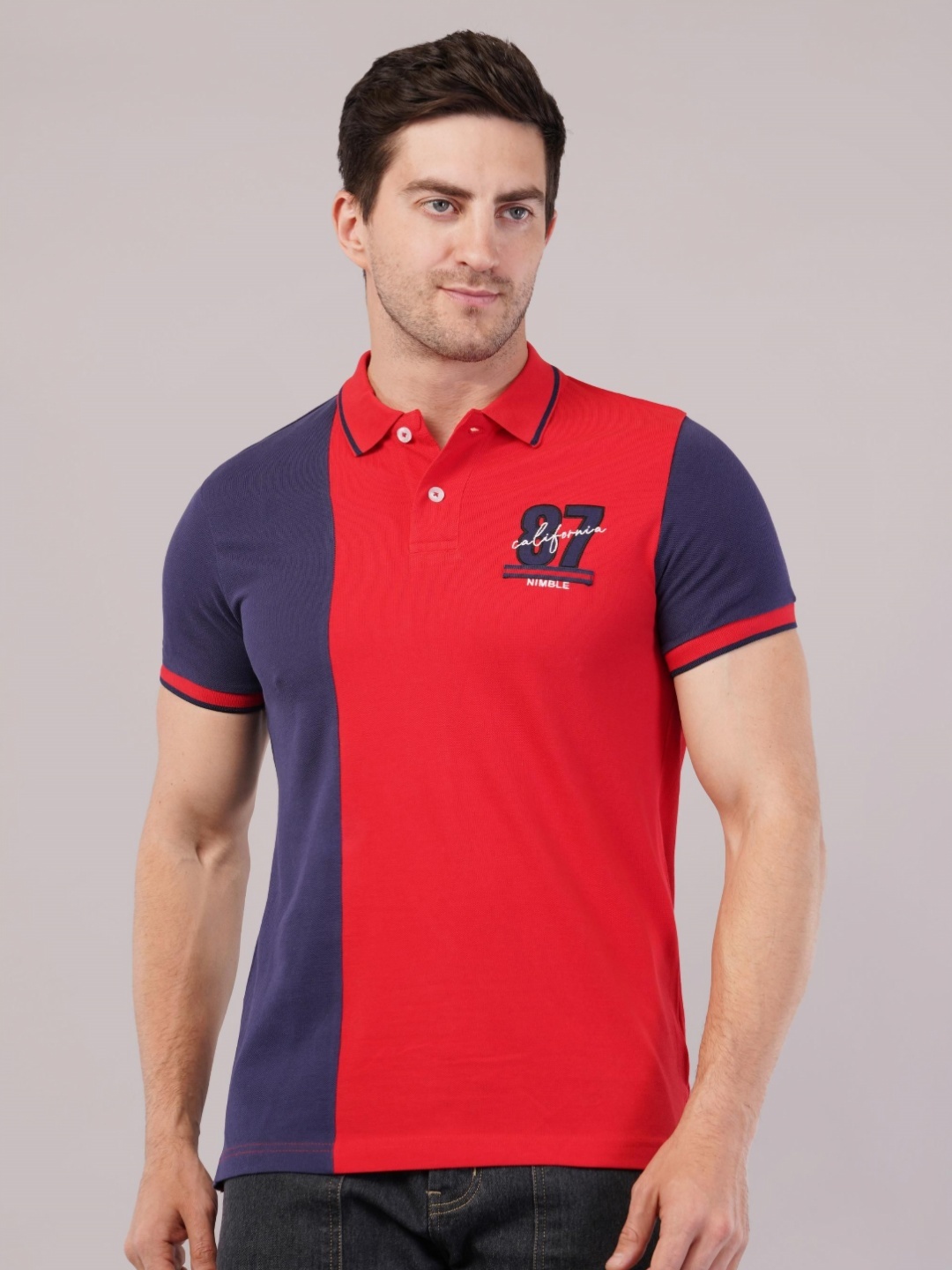 

Nimble Men Colourblocked Polo Collar Cotton T-shirt, Red