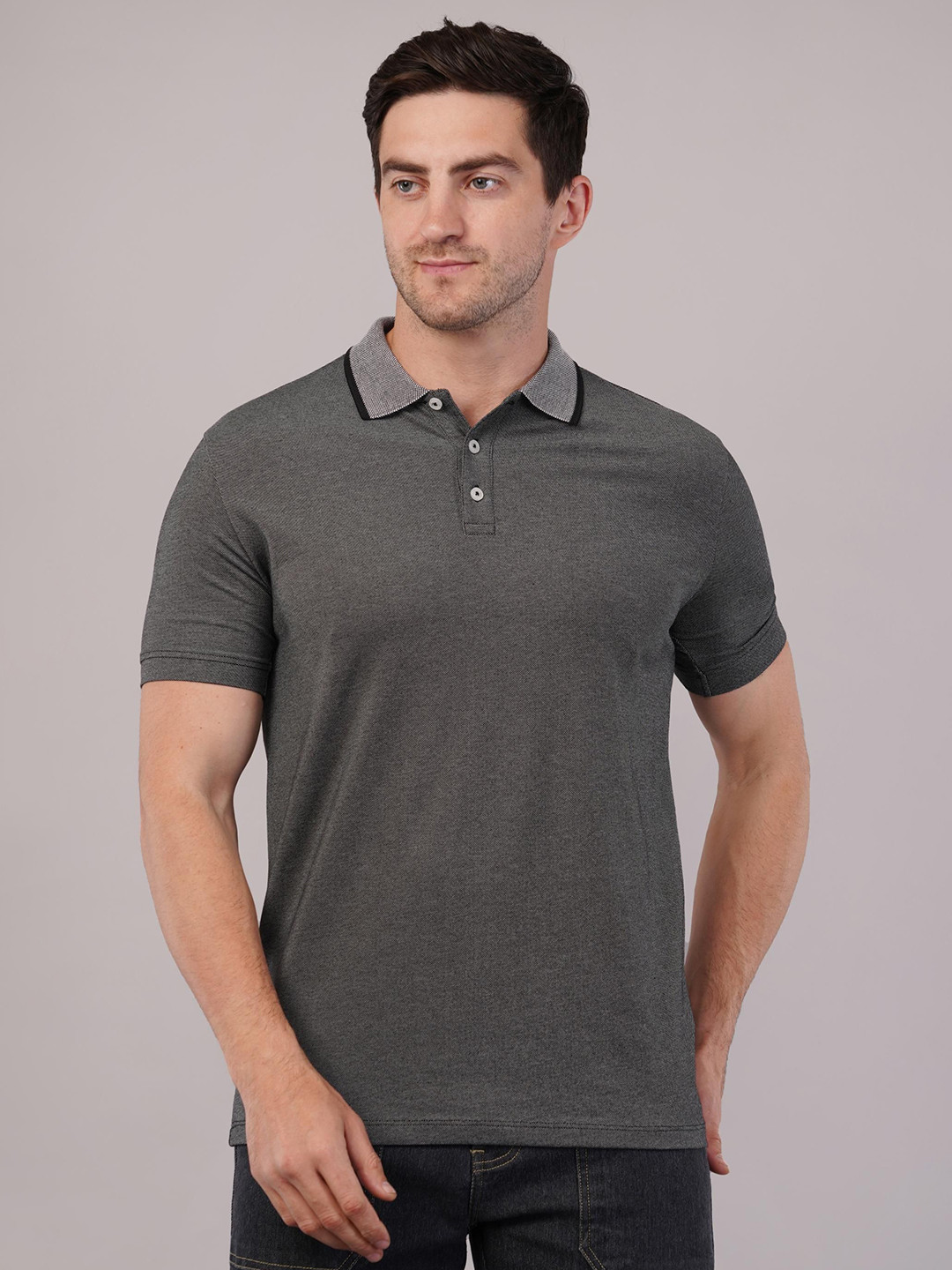 

Nimble Men Solid Polo Collar Cotton T-shirt, Grey
