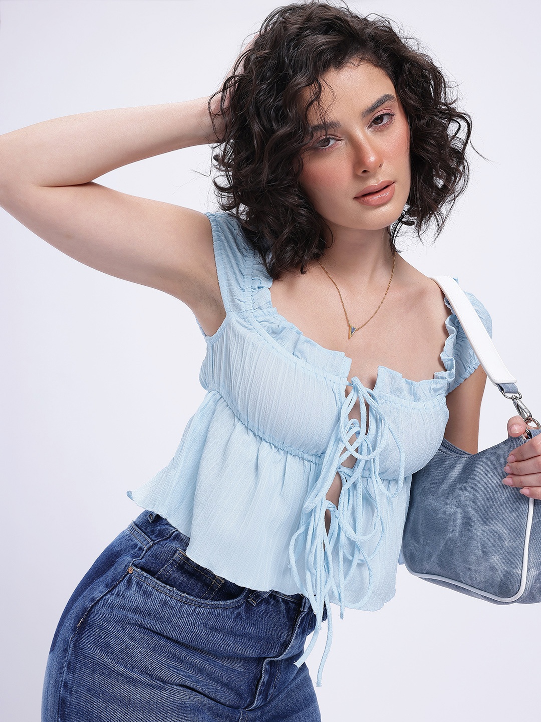 

glitchez Ruffle Story Tie-Up Detail Front-Open Top, Blue