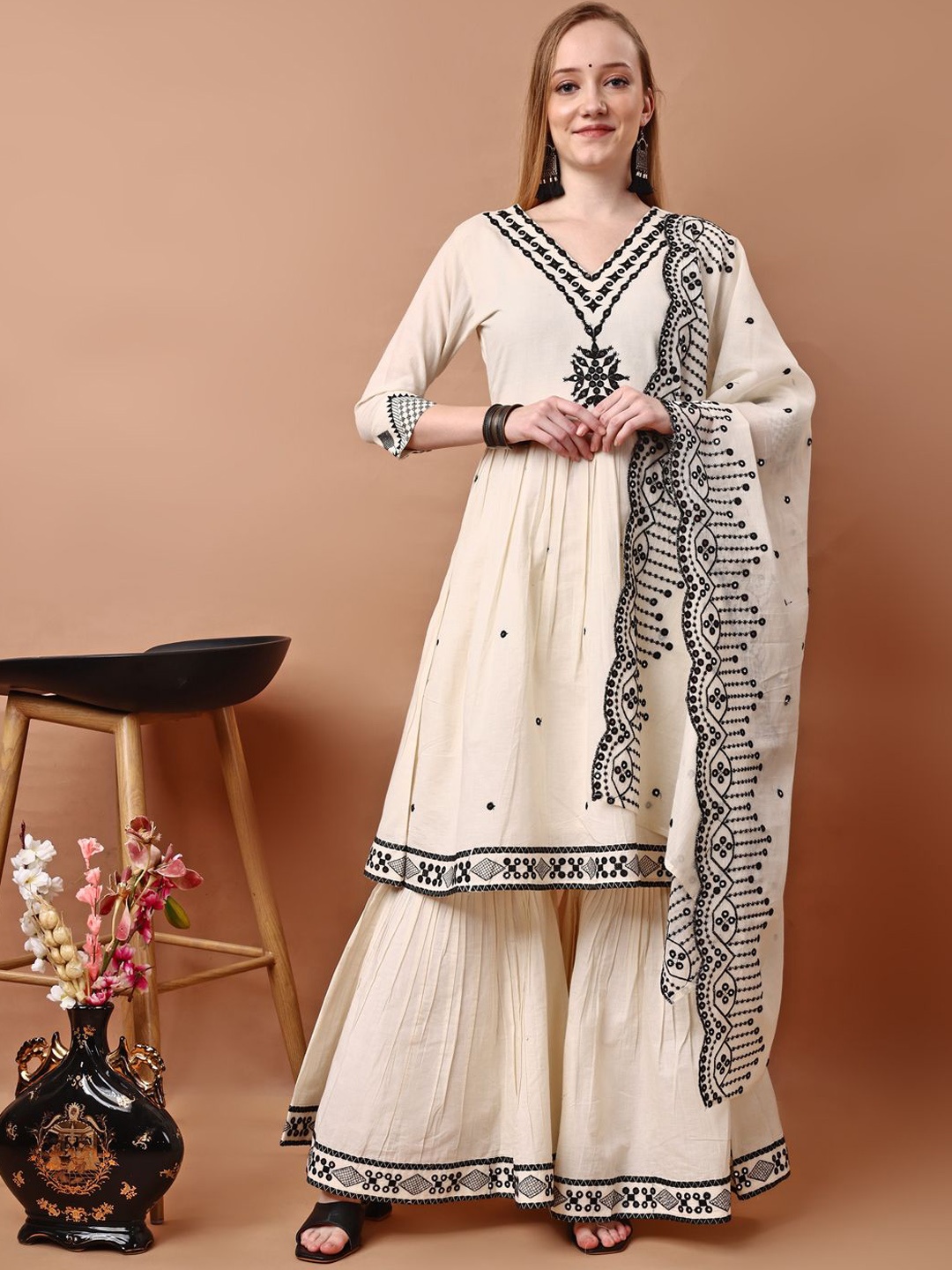 

Glomee Ethnic Motifs Embroidered Mirror Work Pure Cotton Kurta with Sharara and Dupatta, Off white